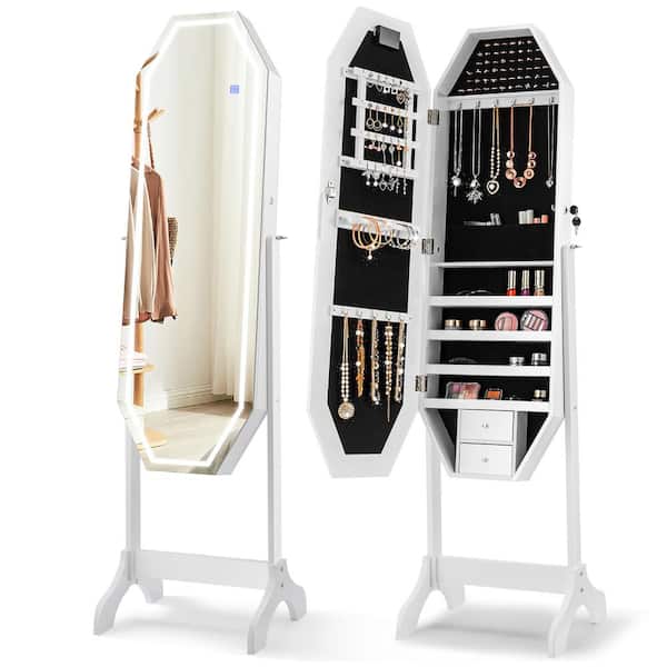 Costway 17.5 in. x 15.5 in. x 63.5 in. White Wood Standing Jewelry Cabinet Armoire Organizer LED Light Mirror Lockable