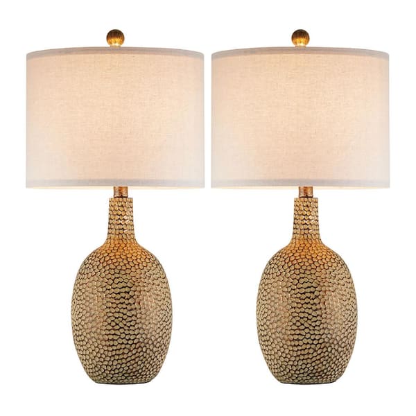 KAWOTI 23.75 in. Hammered Brass Standard Table Lamp Set and LED Bulbs (Set of 2)