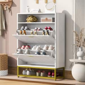 44.9 in. H x 31.5 in. W White Wood Shoe Storage Cabinet with with 2 Flip Drawers, 1 Open Shelf, 1 Bottom Gold Shelf