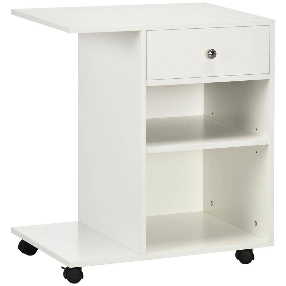White Particleboard Mobile Printer Stand with Adjustable Shelf and Drawer