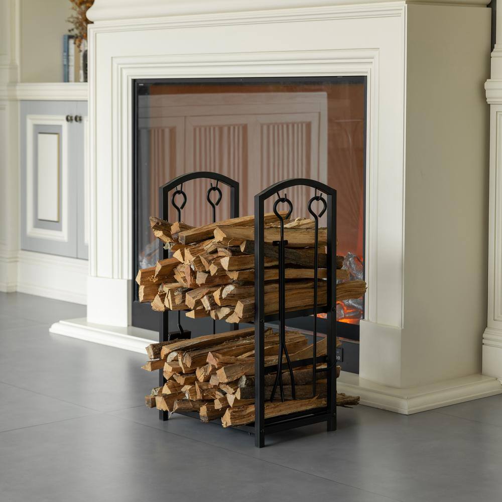 Black Iron Outdoor Firewood Log Cart with Tool Rack