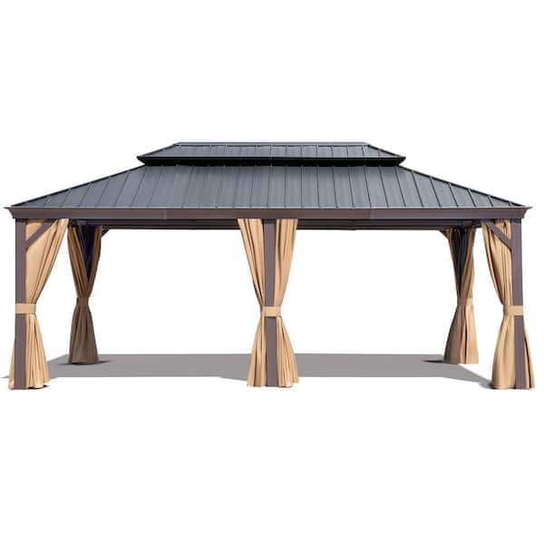 20 ft. x 12 ft. Gray Aluminum Framed Top Double-Tier Hardtop Gazebo With Wood Grain Legs for Backyard