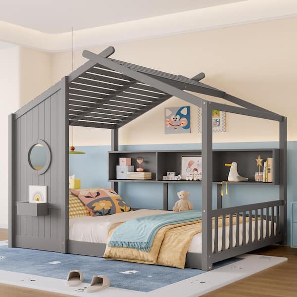 Gray Full Size House-shaped Kids Montessori Bed, Floor Bed with Storage Shelf, Unique Roof Design