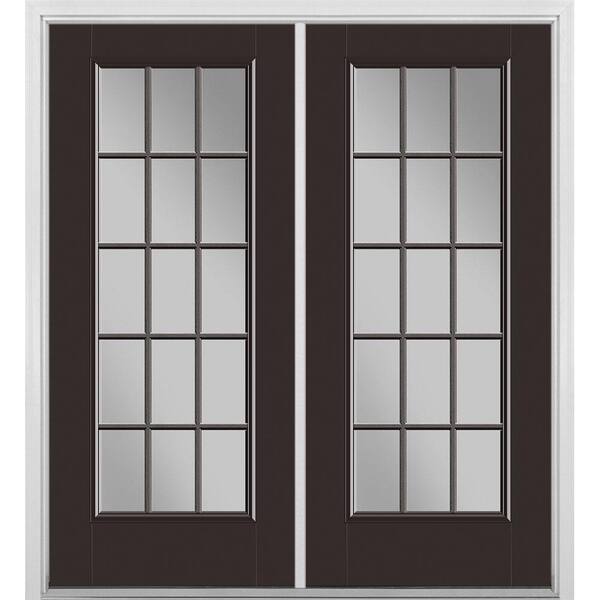 Masonite 72 in. x 80 in. Willow Wood Fiberglass Prehung Right-Hand Inswing 15-Lite Clear Glass Patio Door in Vinyl Frame