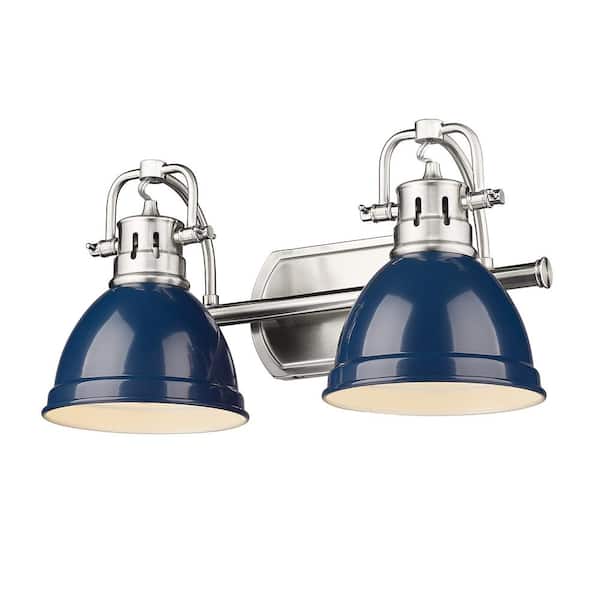 Golden Lighting Duncan 16.5 in. 2-Light Pewter Vanity Light with Navy Blue Shades