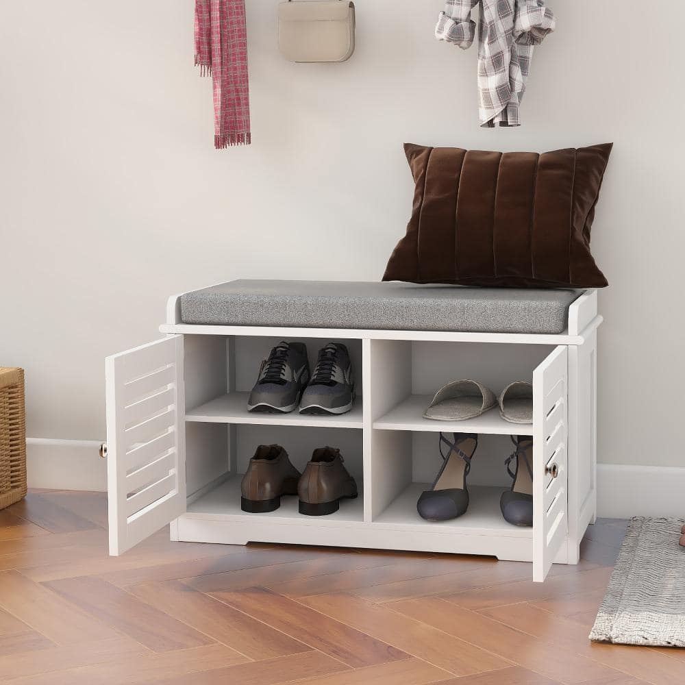 16.93 in. H x 27.76 in. W White Shoe Storage Bench with Padded Cushion