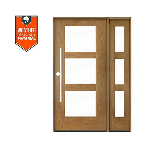 Modern Faux Pivot 50 in. x 79 in. 3-Lite Right-Hand/Inswing Clear Glass Bourbon Stain Fiberglass Prehung Front Door/RSL