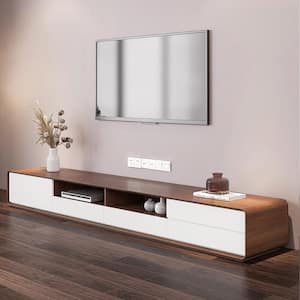 94 in. Storage Wood Lowline Media Cabinet TV Stand Console with 4 Drawers, Walnut Veneer and White, Fully-assembled