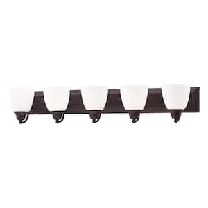 Fairbourne 36 in. 5-Light Bronze Vanity with Satin Opal White Glass