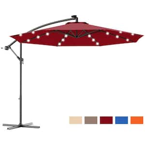 8.5 ft. Patio Solar LED Outdoor Offset Hanging Umbrella in Burgundy with 24-Lights