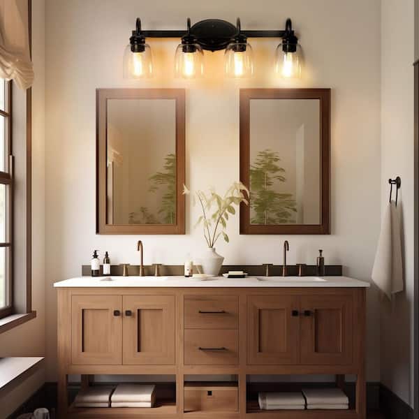 25.2 in. 4-Light Matte Black Modern Bathroom Vanity Light with Black Accents and Seeded Glass Shade for Dressing Room