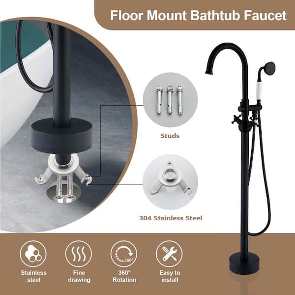 2-Handle Freestanding Tub Faucet with Round Hand Shower in Matte Black