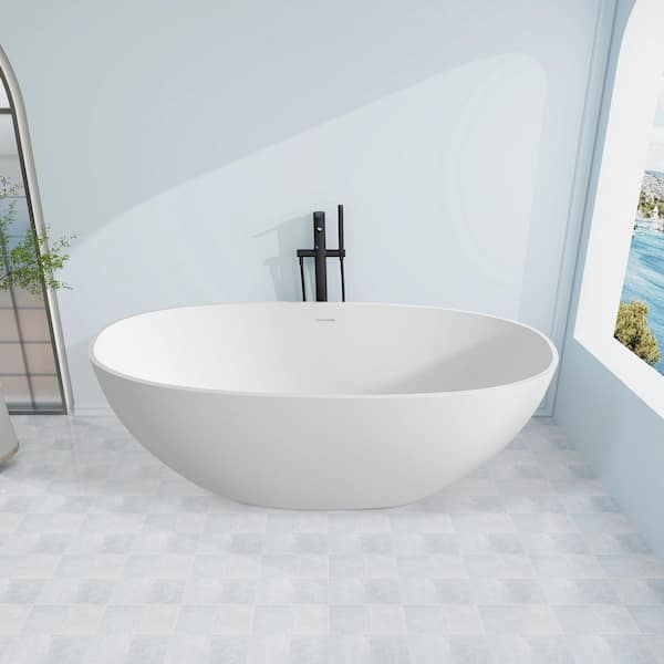 55 in. x 30 in. Solid Surface Soaking Bathtub with Center Drain in Matte White
