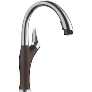 ARTONA Single Handle Gooseneck Kitchen Faucet with Pull-Down Sprayer in PVD Steel/Cafe
