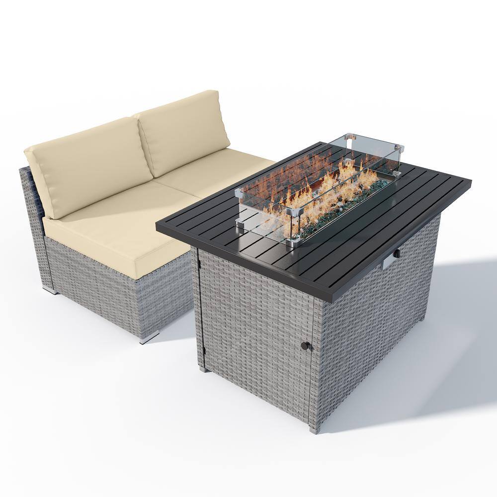 3 Piece Outdoor Armless Wicker Sofa Set with Removable Cushions and Fire Table, Beige price history on PriceWatchPro