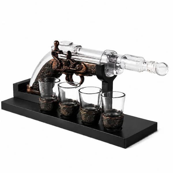 Gun Whiskey Decanter Set 13.5 oz Clear Lead-Free Glass with 4 Shot Glasses and Wood Base