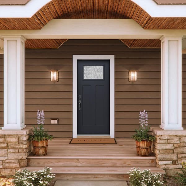 36 in. x 80 in. Right-Hand 1/4 Lite Craftsman Vapor Hammered Glass Black Fiberglass Prehung Front Door