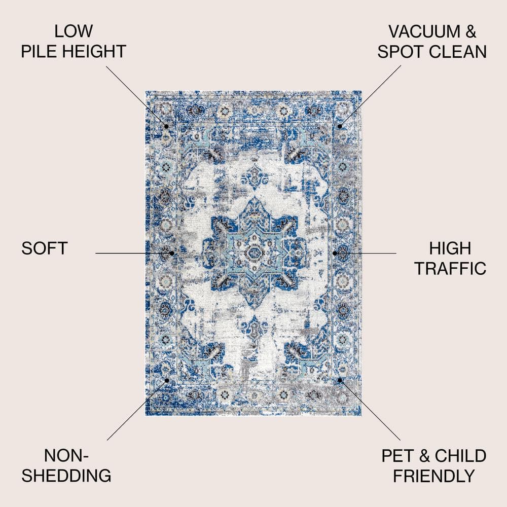 Ivory and Blue Persian Boho Vintage Medallion Area Rug