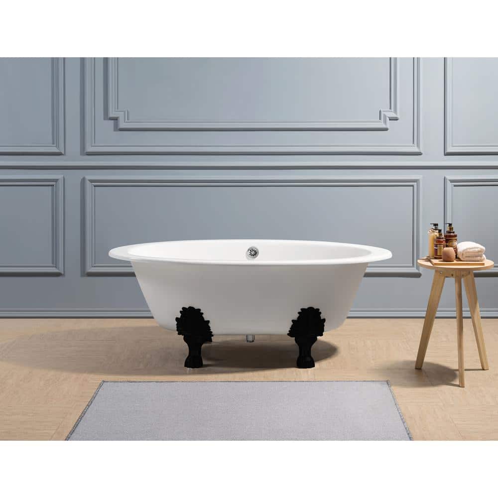 65" Glossy White Cast Iron Clawfoot Soaking Tub with Matte Black Feet