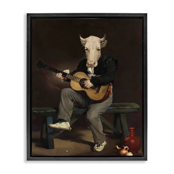 Stupell Industries Cow Playing Guitar by Alicia Longley Black Floater Frame Music Graphic Art Print 21 in. x 17 in.
