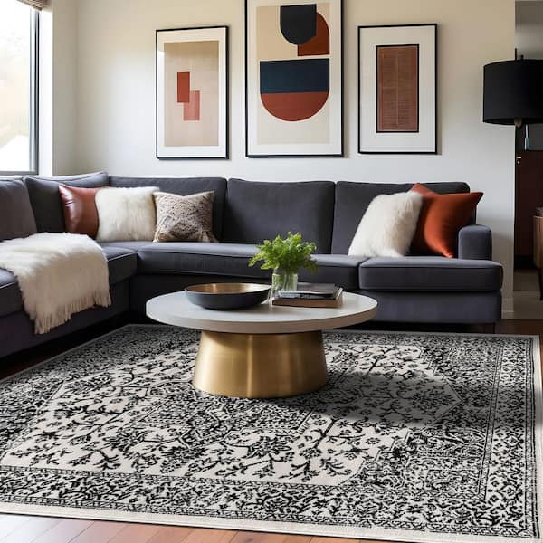 Athena Black 6 ft. x 9 ft. Rubber Back Washable Oriental Border Indoor Outdoor Patio Area Rug