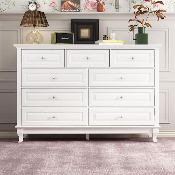 FUFU&GAGA White Wooden 9-Drawer Chest of Drawers 55.1 in. W x 37 in. H x 15.7 in. D Console TV Stand, Modern European Style