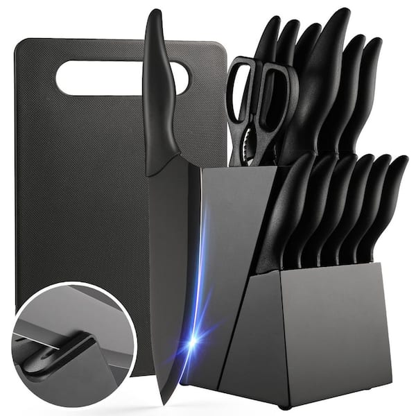 16-Piece German Stainless Steel Kitchen Knife Block Set with Cutting Board, Sharpener and Anti-Slip Handle, Black