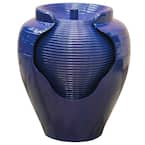 17 in. Tall Blue Round Vase Fountain with Ridges Waterfall Indoor Outdoor Decor