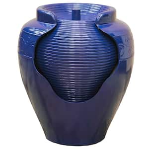 XBrand 17" Tall Round Blue Vase Fountain w/ Ridges Waterfall, Indoor- Outdoor Fountain, Lawn and Garden