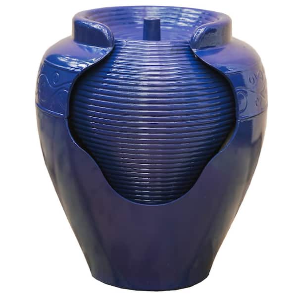 XBRAND 17 in. Tall Blue Round Vase Fountain with Ridges Waterfall Indoor Outdoor Decor