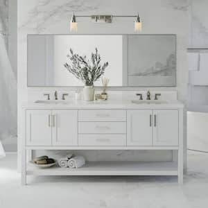 Magnolia 73 in. W x 22 in. D x 36 in. H Bath Vanity in White with White Pure Quartz Vanity Top with White Basins