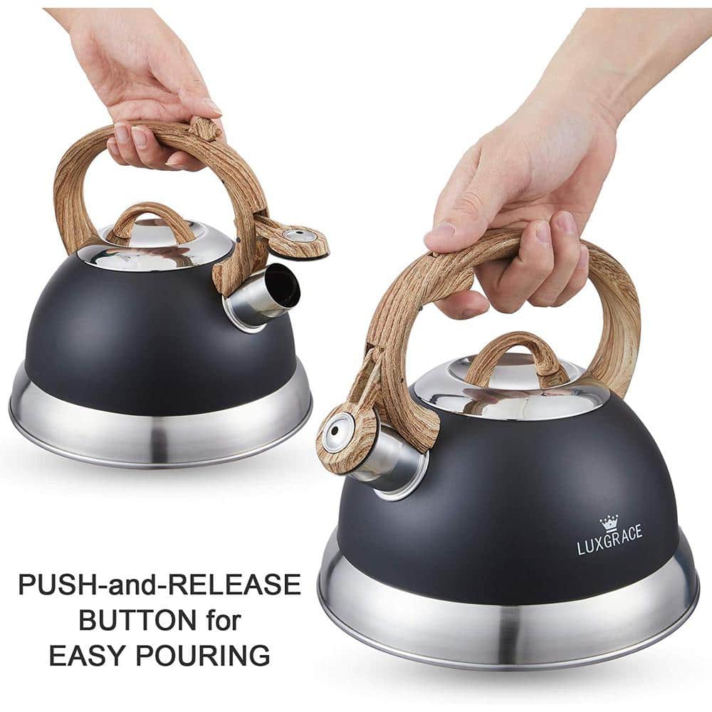 2.3 Quart Black Stainless Steel Whistling Tea Kettle with Wood Handle