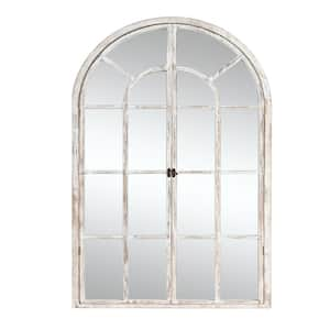 36 in. W x 24 in. H Classic Arched Wood Framed Wall Mirror With Opening Door in Weathered White