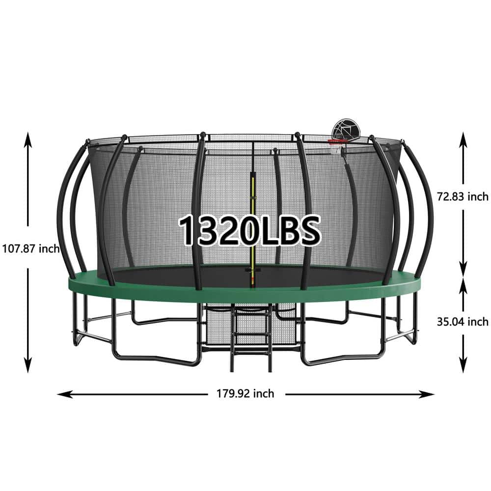 15FT Black and Green Round Trampoline with Enclosure Net and Ladder
