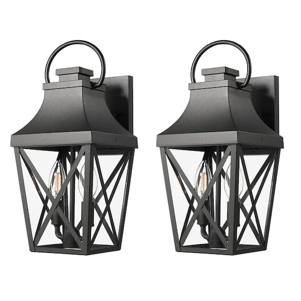 2-Pack 16 in. 2-Light Black Outdoor Hardwired Wall Lantern Sconce with No Bulbs Included
