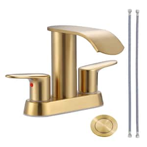 4 in. Centerset Double Handle Waterfall Bathroom Faucet with Drain Kit Included in Brushed Gold