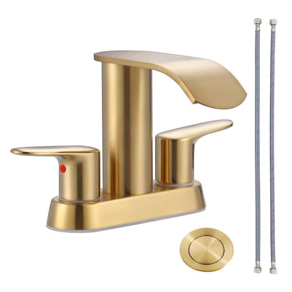 IVIGA 4 in. Centerset Double Handle Waterfall Bathroom Faucet with Drain Kit Included in Brushed Gold