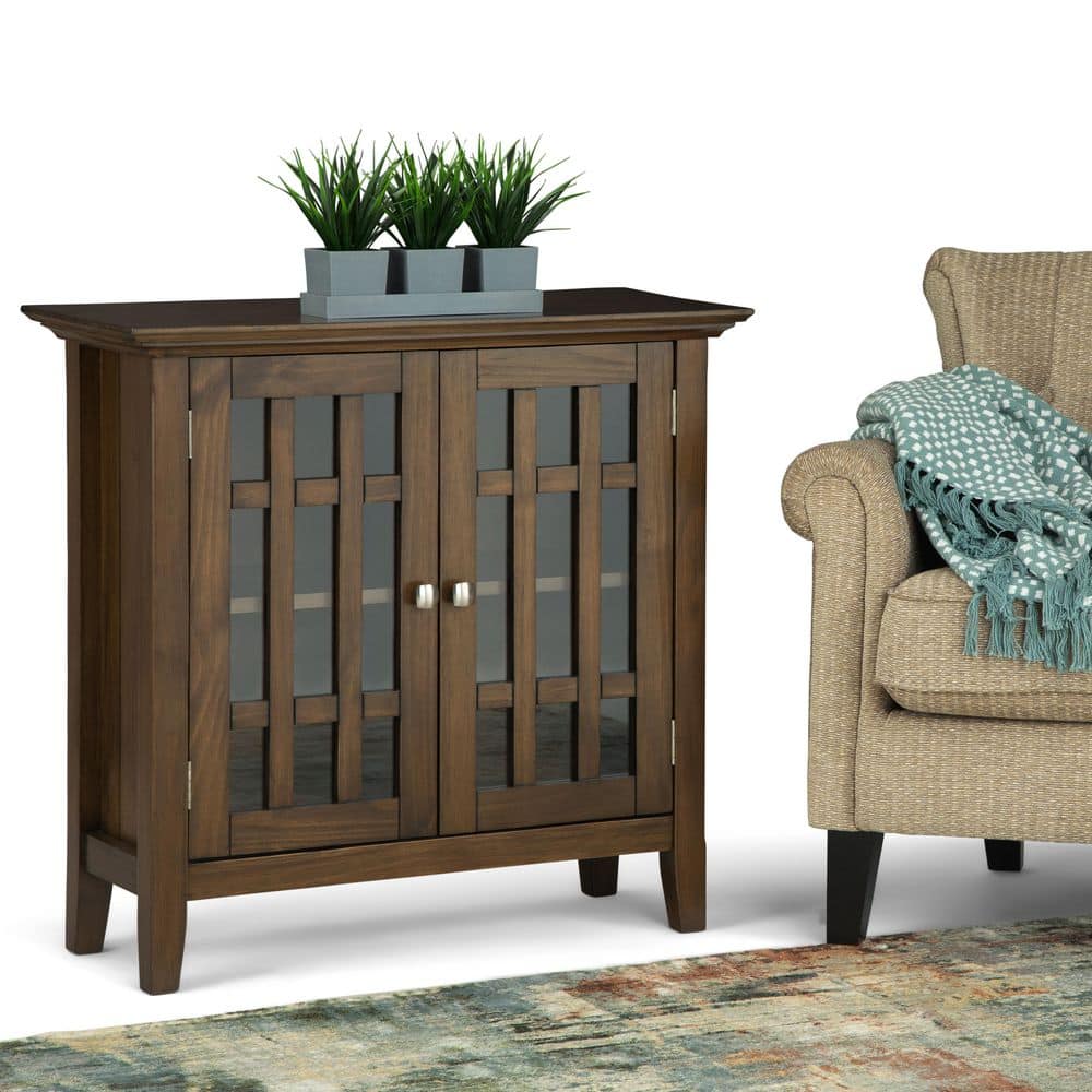 Rustic Natural Brown Solid Wood Low Storage Cabinet with Glass Doors