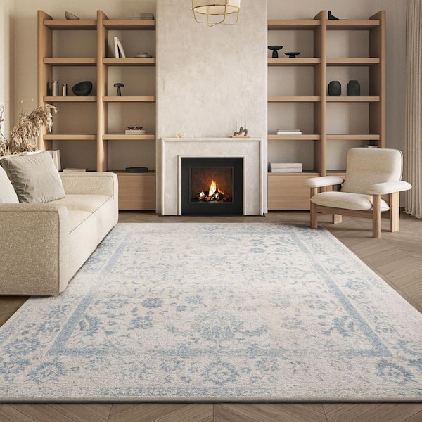 Adirondack 10 ft. x 10 ft. Square Ivory/Slate Border Distressed Area Rug
