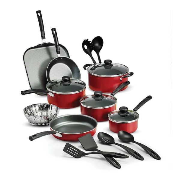 18-Piece Aluminun Nonstick Cookware Set with Tempered Glass Lids, Utensils, Stay-Cool Handles and Dishwasher-Safe, Red