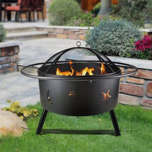 32.08 in. W x 26.38 in. H Outdoor Powder Coated Iron Fire Pit with Barbecue Rack, Cooking Grate and Fire Poker, Round