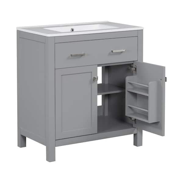 30 in. Single Sink Gray Bath Vanity with White Ceramic Top, Adjustable Shelves, Soft Close Doors, Unassembled