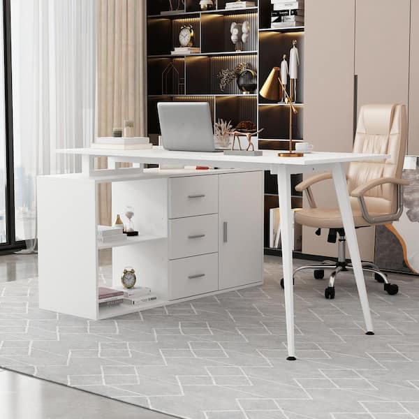 FUFU&GAGA 55.1 in. Width L-Shaped White Wooden 3-Drawer Writing Desk, Computer Desk with 2 Open Shelves & 1 Hutch
