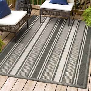 Haynes Modern Black/Cream 4 ft. x 6 ft. Double Stripe Indoor/Outdoor Area Rug