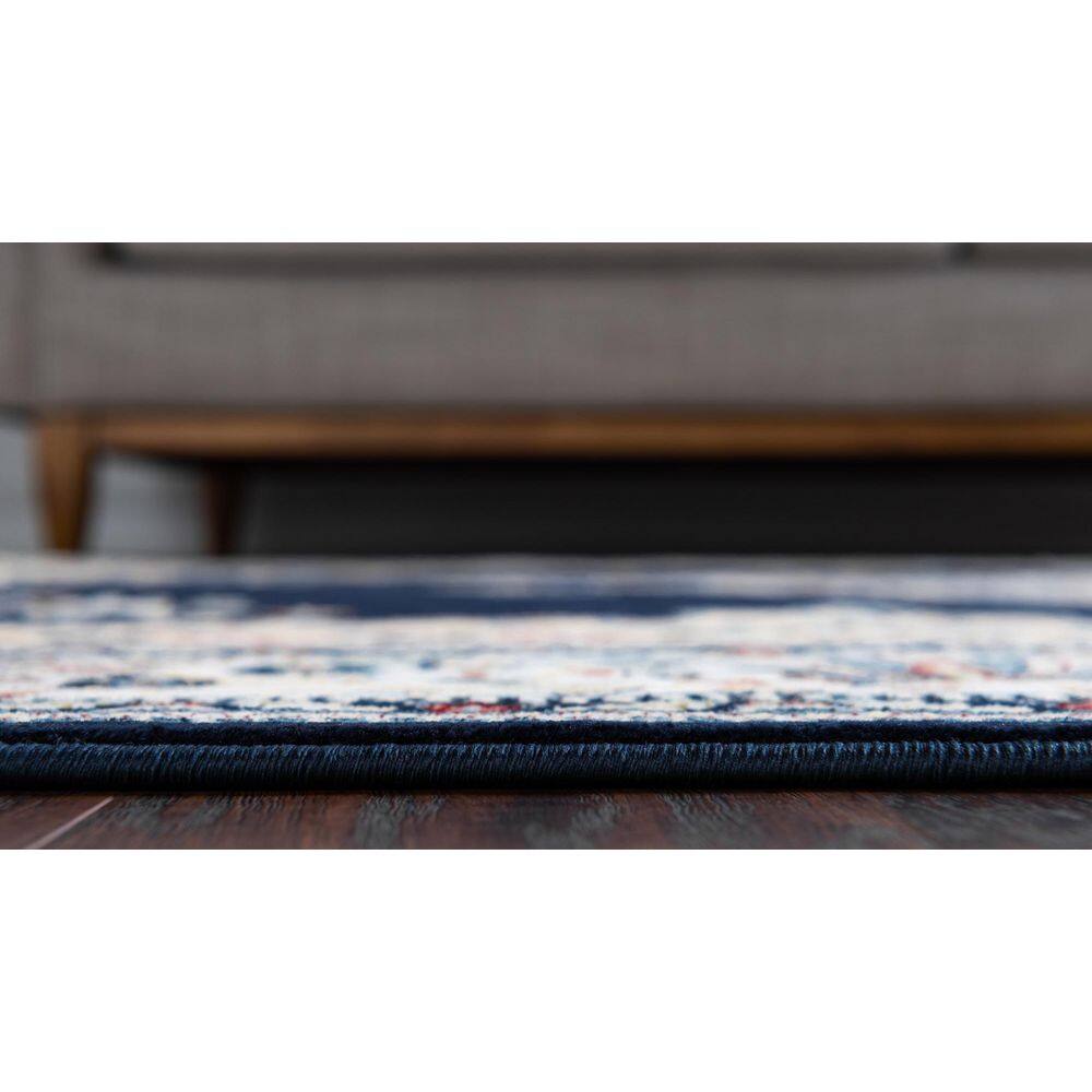 Navy Blue and Tan Stain-Resistant Synthetic Runner Rug