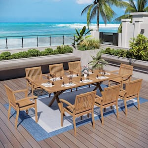 Brown 9-Piece Outdoor Dining Set with Acacia Wood Extendable Table and Acacia wooden Chairs