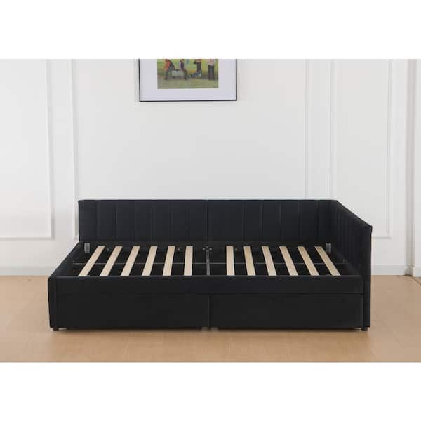 Beth Black Full Size Velvet Upholstered L-Shaped Daybed with Storage Drawers