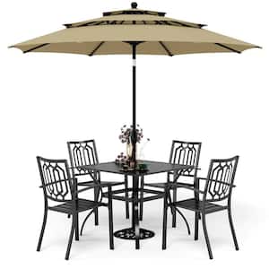Black 6-Piece Metal Square Patio Outdoor Dining Set with Slat Table, Umbrella and Fashion Stackable Chairs