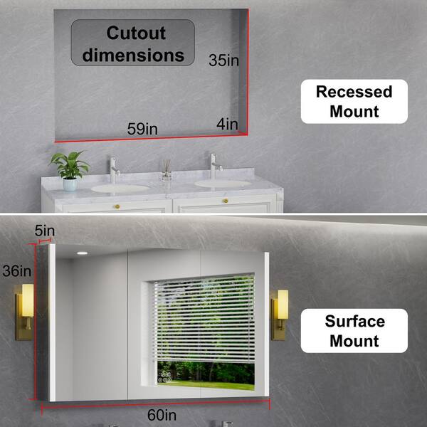 HBEZON Eos 60 in. W x 36 in. H Rectangular Aluminum Surface/Recessed Medicine Cabinet with Mirror and Light, Fog Free