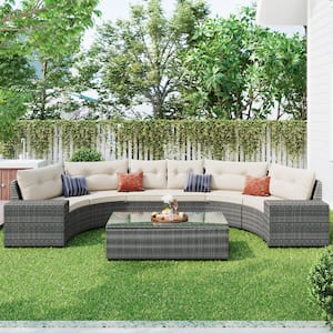 Grey 8-Piece Wicker Patio Conversation Set with Beige Cushions